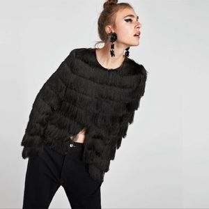 ✨️Zara Black Silky Tassel Fringe Open Jacket Size Medium✨️